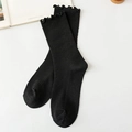Japanese retro style black cotton slouch socks with vertical ribbing and ruffle edge - One Size / Black