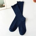 Dark blue ribbed cotton socks for women with ruffled edges in a cozy home setting - One Size / Navy Blue