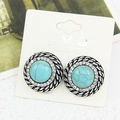 Bohemian retro turquoise drop earrings with sparkling rhinestones and silver woven frame - Rhinestone Round Blue Turquoise