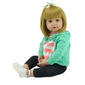 Lifelike reborn toddler doll with blonde hair in turquoise hoodie and blue denim jeans - Yellow Hoodie