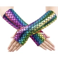 Close-up of iridescent mermaid scale fingerless gloves with metallic rainbow reflection - Rainbow