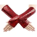 Close-up of metallic red mermaid fish scale fingerless gloves for stage performance - Red
