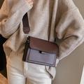 Vintage dark brown leather crossbody square bag with wide strap on beige knitwear outfit - Dark Brown