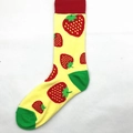 Bright yellow mid-calf cotton socks with red strawberry patterns and green accents - Strawberry (1514C)