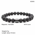 8mm black lava stone bead bracelet with magnetic hematite cylinder, 19.5cm length - 6245A Lava Stone