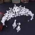 Close-up of baroque bridal tiara and drop earrings with sparkling crystals and pearls - Silver Base White Rhinestone + Ear Clip