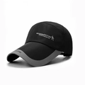 Close-up of the long brim on a black and grey outdoor hiking baseball cap with DERM lettering - Adjustable / Black