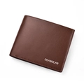 Men's tri-fold short PU leather wallet in dark brown with litchi texture finish - Horizontal / Brown