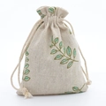 Drawstring linen pouch with green leaf embroidery for jewelry and herbs storage - Green Leaf