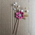 Bridal hairpin featuring pink fabric flower with gold leaves and white pearls - 1-Flower Hairpin / Rose Red
