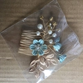 Blue fabric flower hair comb with gold leaves and white pearls for bridal hair styling - 3-Flower Hair Comb / Green