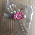 Pink floral hair pin with gold leaves and white pearls for bridal hair styling - 2-Flower Hairpin / Rose Red