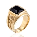 Vintage golden stainless steel men's ring with black gemstone and dragon relief - Gold Black Gem