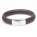 Braunes geflochtenes Lederarmband für Herren mit weißen Nähten und silbernem Magnetverschluss - Stahlverschluss Kaffeefarbenes Leder