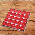 Bulk set of 50 red round paraffin tea light candles in a brown cardboard packaging box - Red