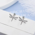 Silver dragonfly stud earrings with white zircons and intricate wing details - White Gold Plated Copper