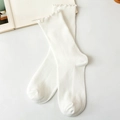 White Japanese style cotton crew socks with minimalist lettuce edge and ribbed texture - One Size / White