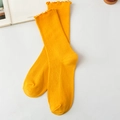 Japanese style ribbed cotton socks in bright yellow with ruffled edges for women - One Size / Yellow