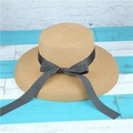 Classic straw sun hat with wide brim and black bow ribbon on blue wood background - Bow Style M(56-58cm) / Khaki