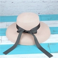 Classic straw sun hat with wide brim in dusty pink and a large black ribbon bow - Bow Style M(56-58cm) / Light Pink