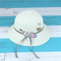 Kids cream straw sun hat with grey polka dot ribbon, mushroom and caterpillar patches - Single Hat / Creamy White