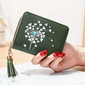 Short PU leather dark green wallet with zipper tassel and white dandelion pattern - Green