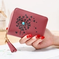 Short red PU leather wallet for women with dandelion print and turquoise tassel charm - Lotus Pink