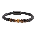 Men's braided leather bracelet with 8mm tiger eye beads and stainless steel magnetic clasp - Leather/Tiger Eye/Stainless Steel / Yellow Tiger Eye