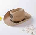 Classic khaki straw fedora hat with black printed band and metallic bull emblem - M / Khaki