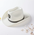Ivory woven straw cowboy hat featuring a black decorative band and bull head shield logo - M / White