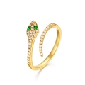 Gold s925 sterling silver snake ring with green stone eyes and micro-set diamonds - Adjustable Open / Gold Plated Nano Green Zirconia