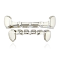 Set grillz hip-hop placcato 18K argento lucido con denti da vampiro superiori e inferiori - Set Gioielli d'Argento