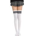 White over-the-knee socks with three black stripes in a soft cotton knit style - L (Height 52cm) / White and Black Striped