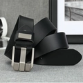 Close-up of black genuine leather belt with a silver pin buckle on a textured surface - Silver Buckle Black (40124)