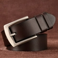 Close-up of rolled brown leather belt featuring a brushed square metal pin buckle - Silver Buckle Coffee (40127)