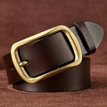 Close-up of a dark brown leather belt with vintage brass buckle on a soft suede surface - Gold Buckle Coffee (40132)