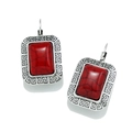 Bohemian vintage earrings featuring rectangle red stones in engraved silver-tone frames - Greek Key Rectangle Red Turquoise