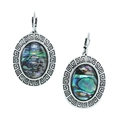 Bohemian vintage silver earrings with oval abalone shell inlay and geometric pattern - Greek Key Oval Abalone Shell