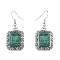 Bohemian silver earrings featuring square malachite stones with vintage wave patterns - Square Green Malachite