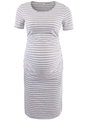 Short sleeve gray and white striped maternity dress with side ruching and round neck - Grey and White Stripes