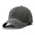 Close-up of washed cotton texture and reinforced stitching on a grey baseball cap - Adjustable / Army Green