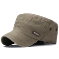 Men's olive cotton flat top military cap with metal eyelets and a decorative side patch - Adjustable / Army Green