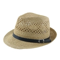 Cappello fedora in paglia kaki intrecciato a mano con fascia nera e fibbia argento - 58cm / Cachi