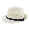 Cappello fedora in paglia intrecciata bianco crema con maglia traforata e fibbia in pelle nera - 58cm / Bianco Sporco