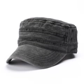 Classic washed black cotton military flat top cap with side metal ventilation eyelets - Adjustable / Black