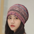 Multicolor ethnic print slouchy beanie hat for women made of soft, thin fabric - M (56-58cm) / Ethnic Rust Red Blue
