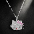 Collar con colgante de Hello Kitty plateado con cristales blancos y rosas brillantes - Gato de Dibujos Animados Plateado