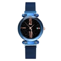 Starry sky dial women's watch in deep blue with mesh magnetic band and Roman numerals - Blue