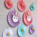 Purple and pink unicorn paper fans decoration set with gold horns and pastel accents - Unicorn Theme 8pcs Set