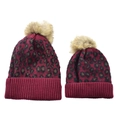Matching burgundy leopard knit pompom beanies for mother and baby in a cozy set - Wine Red-Parent-Child Set